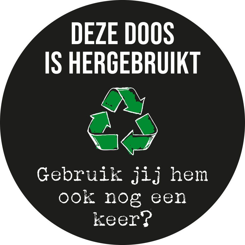 Recycle Sticker Deze doos is hergebruikt Zwart